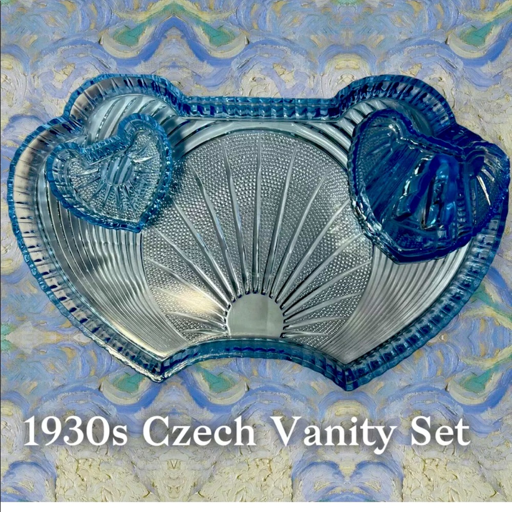 Vintage 1930s CZECH Samuel Reich 3 Piece  Blue Art Deco Dresser Set BC